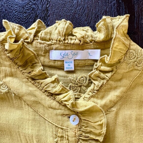 Kyla Seo High Neck Ruffled Boho Chic Mustard Colored Cotton Blouse - Picture 3 of 4